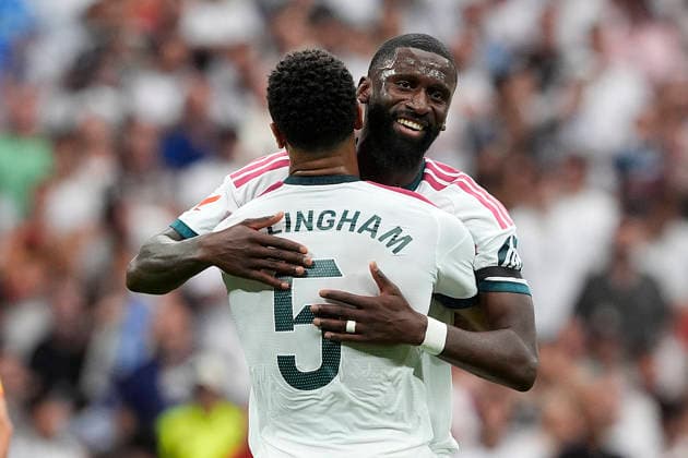 Real Madrid CF™s Jude Bellingham and Antonio Rudiger celebrate goal during La Liga match. August 30, 2026. (20260830253)
