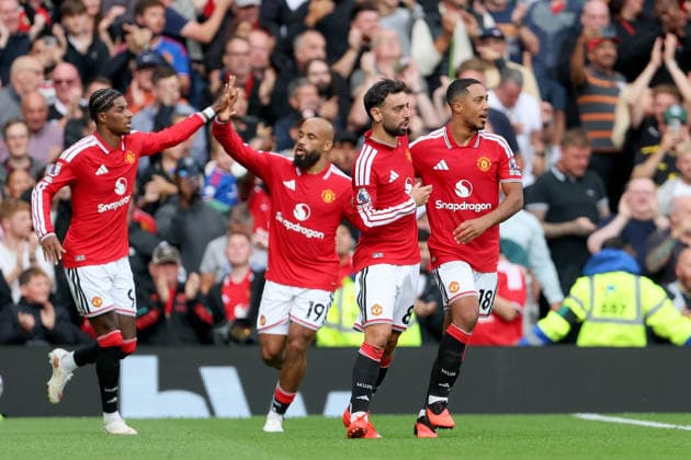 Manchester United, ManU v Ipswich Town - Premier League 2026 27 Bruno Fernandes and Youri Tielemans of Manchester United celebrate equalizing goal during the Premier League 2026 27 match between Manchester United and Ipswich Town at Old Trafford on August 30, 2026 in Manchester, England. WARNING! This Photograph May Only Be Used For Newspaper And Or Magazine Editorial Purposes. May Not Be Used For Publications Involving 1 player, 1 Club Or 1 Competition Without Written Authorisation From Football DataCo Ltd. For Any Queries, Please Contact Football DataCo Ltd on +44 (0) 207 864 9121 Manchester Old Trafford England United Kingdom Copyright: xAllstarxPicturexLibraryxLtdx