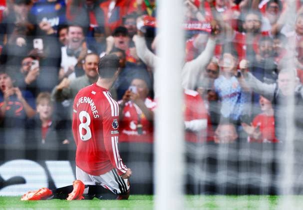 Bruno Fernandes of Manchester United, ManU celebrates scoring a goal to make it 1-1 Manchester United v Ipswich Town, Premier League Football, Football, Old Trafford, Manchester, UK - 30 Aug 2026Manchester Old Trafford United Kingdom EDITORIAL USE ONLY No use with unauthorised audio, video, data, fixture lists, club league logos or live services. Online in-match use limited to 120 images, no video emulation. No use in betting, games or single club league player publications. Copyright: xMattxWest Shutterstockx 17119118al