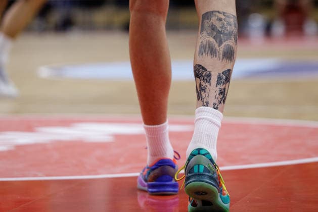 BASKETBALL - FIBA EuroBasket, quali, AUT vs MKD VIENNA,AUSTRIA,30.AUG.26 - BASKETBALL - FIBA EuroBasket 2029 Pre-Qualifier, Austria vs North Macedonia. Image shows a feature of a leg and a tatoo.  GEPAxpictures xArminxRauthner