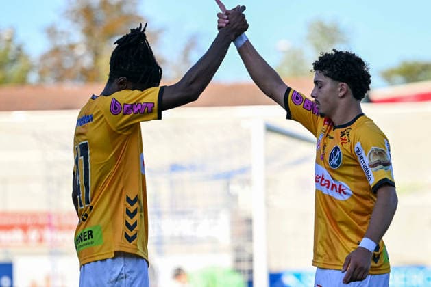 SOCCER - BL, Hartberg vs Ried HARTBERG,AUSTRIA,30.AUG.26 - SOCCER - ADMIRAL Bundesliga, TSV Hartberg vs SV Ried. Image shows the rejoicing of Evan Eghosa Aisowieren and Jussef Nasrawe (Ried).  GEPAxpictures xAvnixRetkoceri