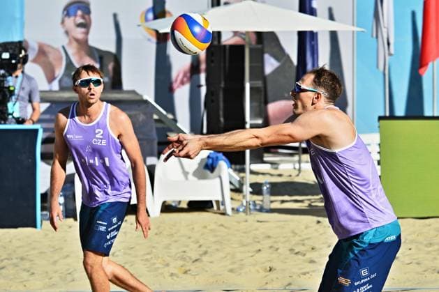 From right, Ondrej Perusic and Jakub Sepka from Czech Repuvlic in action during the World Beach volleyball, Beachvolleyball Pro Tour, category Futures, on August 30, 2026, in Brno, Czech Republic. (CTKxPhoto PatrikxUhlir) CTKPhotoP2026083004652  CTKPhotoP2026083004652