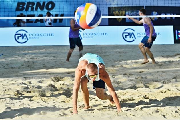 Matyas Dzavoronok from Czech Republic in action during the World Beach volleyball, Beachvolleyball Pro Tour, category Futures, on August 30, 2026, in Brno, Czech Republic. (CTKxPhoto PatrikxUhlir) CTKPhotoP2026083004764  CTKPhotoP2026083004764
