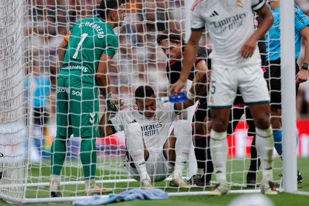 RECORD DATE NOT STATED Kylian Mbappe (Real Madrid CF) lies injured on the pitch during the LaLiga EA Sports match between Real Madrid CF and Malaga CF at Estadio Santiago BernabÃ u on August 30, 2026 in Madrid, Spain. (Photo by Manu Reino DeFodi Images) -