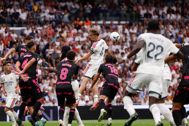 RECORD DATE NOT STATED Dean Huijsen (Real Madrid CF) seen in action during the LaLiga EA Sports match between Real Madrid CF and Malaga CF at Estadio Santiago BernabÃ u on August 30, 2026 in Madrid, Spain. (Photo by Manu Reino DeFodi Images) -