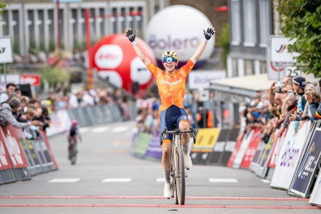 Dutch Femke Markus of SD Worx-Protime celebrates as she crosses the finish line to win the UEC Gravel European Championships in Houffalize (138 km), on Sunday 30 August 2026. DAVIDxPINTENS  x184760449x