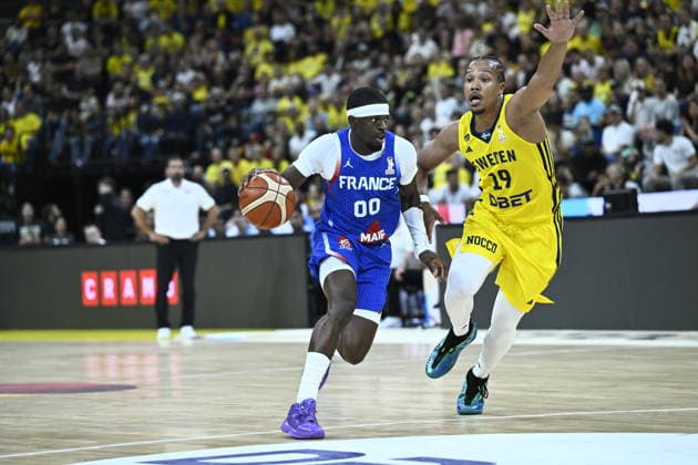 France s Sylvain Francisco and Sweden s Melwin Pantzar in action during the Fiba World Cup Qualifier, second round group L, basket ball match between Sweden and France at Avicii Arena in Stockholm, Sweden August 30, 2026. STOCKHOLM SWEDEN x10080x