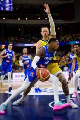 260830 Joel Ayayi of France and Viktor Gaddefors of Sweden during the FIBA World Cup Qualifier basketball game between Sweden and France on August 30, 2026 in Stockholm. Photo: Joel Marklund BILDBYRAN kod JM JM0848 bbeng basket basketball vm-kval fiba world cup qualifiers sverige sweden frankrike france Copyright: JOELxMARKLUND BB260830JM044