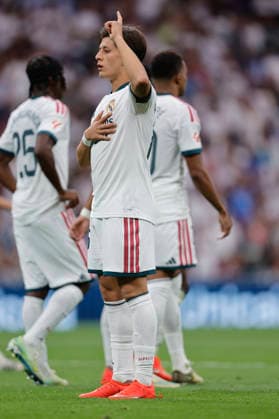 RECORD DATE NOT STATED Arda Guler (Real Madrid CF) celebrates after scoring his team˜s fourth goal during the LaLiga EA Sports match between Real Madrid CF and Malaga CF at Estadio Santiago BernabÃ u on August 30, 2026 in Madrid, Spain. (Photo by Manu Reino DeFodi Images) -