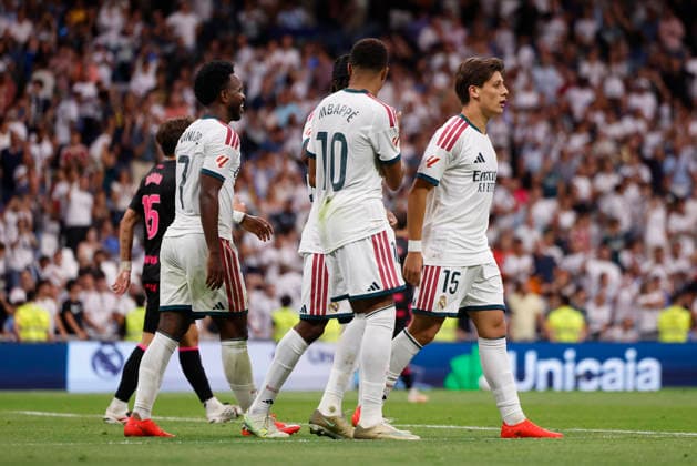 RECORD DATE NOT STATED Arda Guler (Real Madrid CF) celebrates after scoring his team˜s fourth goal with team mates during the LaLiga EA Sports match between Real Madrid CF and Malaga CF at Estadio Santiago BernabÃ u on August 30, 2026 in Madrid, Spain. (Photo by Manu Reino DeFodi Images) -