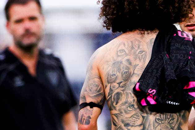 LA LIGA EA Sports - Real Madrid vs Malaga MADRID, SPAIN - August 30:detail of Marc Cucurella s tattoo of Spanish Coach Luis de La Fuente during the La Liga 2026 27 match between Real Madrid and Malaga at Santiago Bernabeu Stadium. (Photo by Guille Martinez f22photo) Madrid Santiago Bernabeu Stadium Spain Copyright: xGuillermoxMartinezx