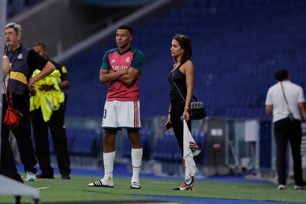 RECORD DATE NOT STATED Kylian Mbappe (Real Madrid CF) and Hiba Abouk, spanish actress after the LaLiga EA Sports match between Real Madrid CF and Malaga CF at Estadio Santiago BernabÃ u on August 30, 2026 in Madrid, Spain. (Photo by Manu Reino DeFodi Images) -