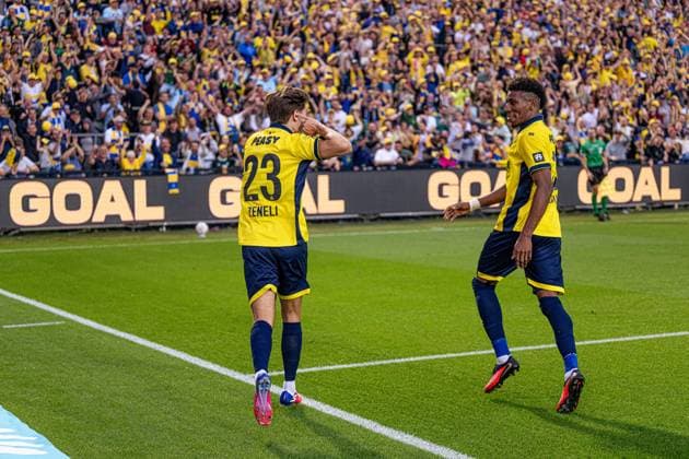 Union s Besfort Zeneli and Union s Kevin Rodriguez celebrate after scoring during a soccer match between Union Saint-Gilloise and RSC Anderlecht, Sunday 30 August 2026 in Brussels, on day 4 of the 2026-2027 Jupiler Pro League first division of the Belgian championship. EMILExWINDAL  x184769417x