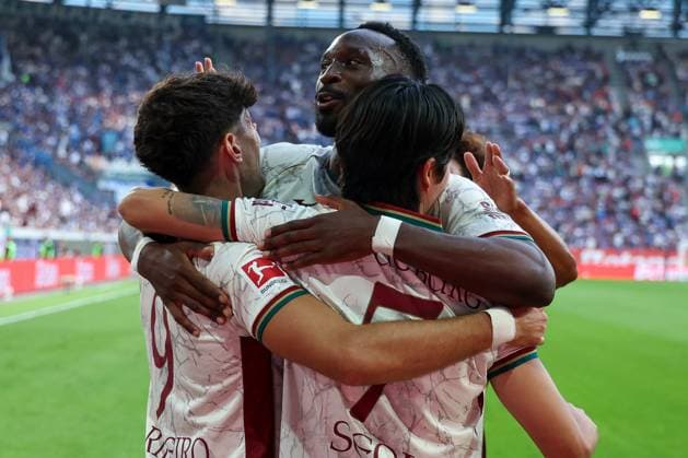 Rodrigo Ribeiro 9 (FC Augsburg), Chrislain Matsima 5 (FC Augsburg) und Youngwoo Seol 7 (FC Augsburg) jubeln ueber das 3:0, Emotion, Freude, FC Augsburg vs. FC Schalke 04, Fussball, Maenner, Bundesliga, Saison 2026 2027, Hinrunde, 1. Spieltag, 30.08.2026 DFB regulations prohibit any use of photographs as image sequences and or quasi-video Augsburg Bayern Deutschland *** Rodrigo Ribeiro 9 FC Augsburg, Chrislain Matsima 5 FC Augsburg and Youngwoo Seol 7 FC Augsburg celebrate the 3–0 lead, emotion, joy, FC Augsburg vs. FC Schalke 04, soccer, men, Bundesliga, 2026–2027 season, First Half of the Season, Matchday 1, August 30, 2026. DFB regulations prohibit any use of photographs as image sequences and or quasi-video. Augsburg, Bavaria, Germany Copyright: xkolbert-press MartinxAgüerax