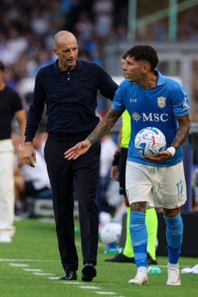 Napoli™s head coach Massimiliano Allegri , Napoli™s Mathias Olivera during the Serie A soccer match between Napoli and Como at the Diego Armando Maradona Stadium in Naples, southern italy - Sunday , August 30, 2026. - Soccer .  Copyright: xAlessandroxGarofalo LaPressex