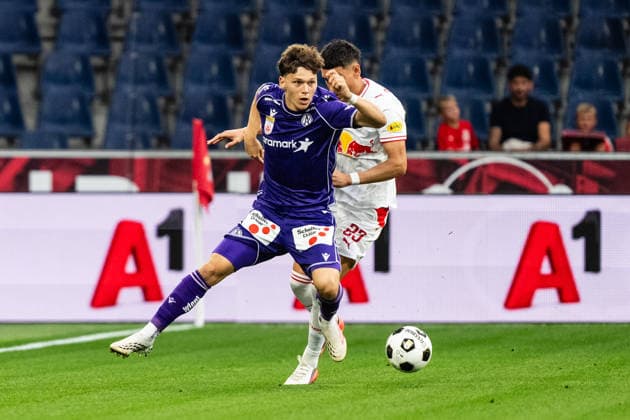 SOCCER - BL, RBS vs A.Wien SALZBURG,AUSTRIA,30.AUG.26 - SOCCER - ADMIRAL Bundesliga, Red Bull Salzburg vs FK Austria Wien. Image shows Matteo Schablas (A.Wien) and Damir Redzic (RBS).  GEPAxpictures xJulioxArellano