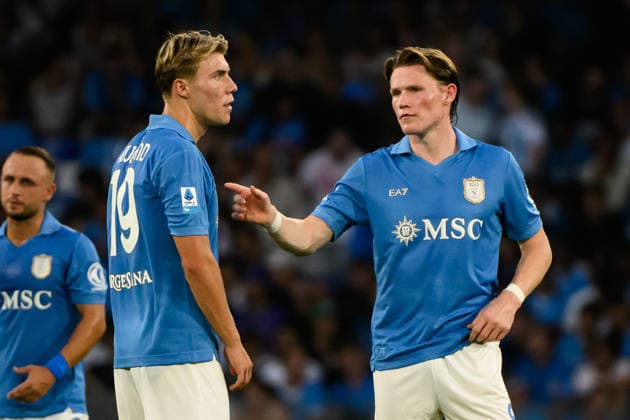 Rasmus Hojlund and Scott McTominay of SSC Napoli talk during the Serie A 2025 2026 football match between SSC Napoli and Como 1907 at Diego Armando Maradona stadium in Naples (Italy), August 30, 2026. AndreaxStaccioli