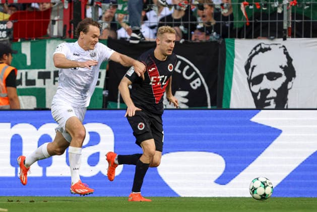 Ryan Johansson (SC Preussen Muenster) und Meiko Sponsel (FC Viktoria Koeln) im Zweikampf waehrend des Spiels der 3. Liga zwischen Viktoria Koeln und Preussen Muenster, Sportpark Hoehenberg am 30. August 2026 in Koeln, Deutschland. (Foto von Oliver Kaelke DeFodi Images) +++ Ryan Johansson (SC Preussen Muenster) und Meiko Sponsel (FC Viktoria Koeln) battle for the ball during the 3. Liga match between Viktoria Koeln and Preussen Muenster at Sportpark Hoehenberg on August 30, 2026 in Cologne, Germany. (Photo by Oliver Kaelke DeFodi Images) DFB DFL REGULATIONS PROHIBIT ANY USE OF PHOTOGRAPHS AS IMAGE SEQUENCES AND OR QUASI-VIDEO. (Photo by Oliver Kaelke DeFodi Images) -