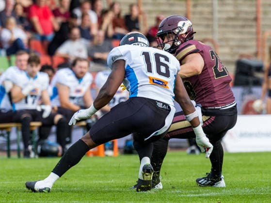 16 Jakeen Eugene Harris (Strong Safety) Panthers Wroclaw tackle 23 Sergej Kendus (Running Back) Rhein Fire Rhein Fire vs Alpine Rams, Panthers Wroclawl, American Football League Europe, Semi Final, 2026, 30.08.2026, Duisburg Schauinsland-Reisen-Arena Germany Copyright: xPFA ChristopherxMettkenx