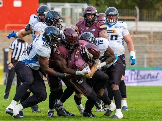 15 Giacomo De Pauli (Running Back) Rhein Fire run. With the ball Rhein Fire vs Alpine Rams, Panthers Wroclawl, American Football League Europe, Semi Final, 2026, 30.08.2026, Duisburg Schauinsland-Reisen-Arena Germany Copyright: xPFA ChristopherxMettkenx