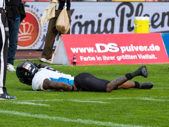 After first down 5 Michael Harley Jr (Wide Receiver) Panthers Wroclaw Rhein Fire vs Alpine Rams, Panthers Wroclawl, American Football League Europe, Semi Final, 2026, 30.08.2026, Duisburg Schauinsland-Reisen-Arena Germany Copyright: xPFA ChristopherxMettkenx