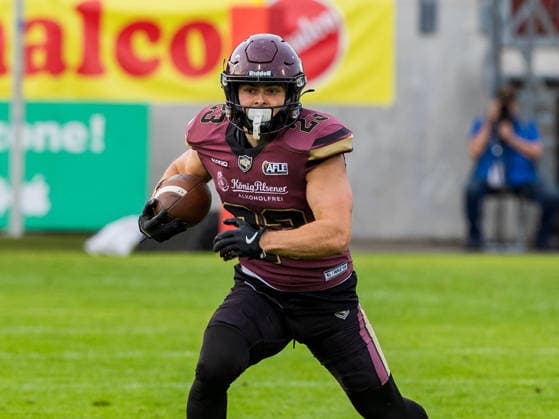 23 Sergej Kendus (Running Back) Rhein Fire run with the ball Rhein Fire vs Alpine Rams, Panthers Wroclawl, American Football League Europe, Semi Final, 2026, 30.08.2026, Duisburg Schauinsland-Reisen-Arena Germany Copyright: xPFA ChristopherxMettkenx