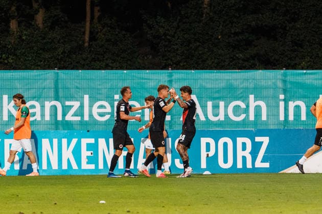 Deutschland: Fußball 3. Liga Männer 2026 - 2027, 3. Spieltag - FC Viktoria Köln vs SC Preußen Münster (Köln): Jubel nach Tor von David Otto (FC Viktoria Köln, 10) zum 3 zu 1 Copyright: xThiemoxRudolphx