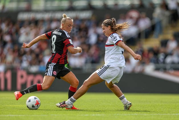 GER, Frankfurt, Eintracht Frankfurt vs 1. FC Nürnberg, Google Pixel Frauen Bundesliga, Fussball, DFB, Spielzeit 2026 2027, Stadion am Brentanobad, 2. Spieltag im Bild v.l.: Hanna Bennison (Eintracht Frankfurt Frauen 8), Laura Miller (FC Nürnberg Frauen 9) DFB DFL REGULATIONS PROHIBIT ANY USE OF PHOTOGRAPHS AS IMAGE SEQUENCES AND OR QUASI-VIDEO, 30.08.2026 *** GER, Frankfurt, Eintracht Frankfurt vs. 1 FC Nürnberg, Google Pixel Women s Bundesliga, Soccer, DFB, 2026–2027 Season, Stadion am Brentanobad, Matchday 2 in pictures (from left): Hanna Bennison, Eintracht Frankfurt Women 8, Laura Miller, FC Nuremberg Women 9. DFB and DFL regulations prohibit any use of photographs as image sequences and or quasi-video. August 30, 2026 Copyright: HMBxMedia HendrikxHamelau