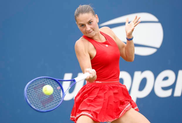 Marta Kostyuk of Ukraine returns a ball to Storm.Hunter of Australia before defeating her in straight sets on The Grandstand court in the first round at the 2026 US Open Tennis Championship at the USTA Billie Jean King National Tennis Center in New York City on Sunday, August 30, 2026.  NYP20260830114 JOHNxANGELILLO