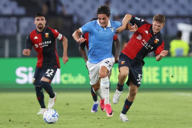 SOCCER - Serie A - SS Lazio vs. Genoa CFC Photo by IPA ABACAPRESS.COM87948049 - Rome, Italy - August 30, 2026: Matteo Cancellieri (forward) of Lazio battles for the ball with Morten Frendrup (midfielder) of Genoa CFC during the Italian Serie A - Enilive Championship 2026-2027 soccer match between SS Lazio and Genoa CFC at the Olympic Stadium in Rome. Rome Italy  Copyright: xIPAxSport ABACAx