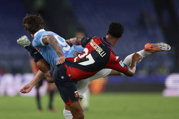 SOCCER - Serie A - SS Lazio vs. Genoa CFC Photo by IPA ABACAPRESS.COM87950701 - Rome, Italy — August 30, 2026: Andrea Pinamonti of Lazio battles for the ball with Alessandro Marcandalli (defender) of Genoa CFC during the Italian Serie A - Enilive Championship 2026–2027 soccer match between SS Lazio and Genoa CFC at the Olympic Stadium in Rome. Rome Italy  Copyright: xIPAxSport ABACAx