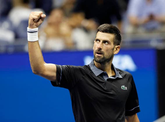 Novak Djokovic of Serbia reacts after winning a point in the 3rd set of his match against Mariano Navone of Argentina in Arthur Ashe Stadium in the first round at the 2026 US Open Tennis Championship at the USTA Billie Jean King National Tennis Center in New York City on Sunday, August 30, 2026.  NYP20260830147 JOHNxANGELILLO