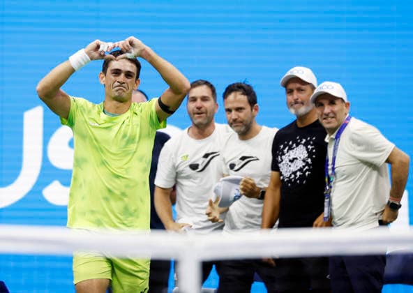 Mariano Navone of Argentina celebrates after match point in his match against Novak Djokovic of Serbia in Arthur Ashe Stadium in the first round at the 2026 US Open Tennis Championship at the USTA Billie Jean King National Tennis Center in New York City on Sunday, August 30, 2026. Navone defeated Djokovic in 5 sets.  NYP20260830157 JOHNxANGELILLO
