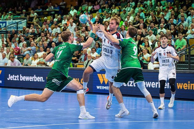 30.08.2026, xovx, Handball Opel Handball-Bundesliga, HSG Wetzlar - SG BBM Bietigheim v.l. Petter Överby (HSG Wetzlar), Mathias Larson (SG BBM Bietigheim), Niklas Theiß (HSG Wetzlar), Jonas Josef (SG BBM Bietigheim) Wetzlar Buderus Arena Hessen Deutschland (DE)