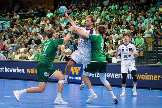 30.08.2026, xovx, Handball Opel Handball-Bundesliga, HSG Wetzlar - SG BBM Bietigheim v.l. Petter Överby (HSG Wetzlar), Mathias Larson (SG BBM Bietigheim), Niklas Theiß (HSG Wetzlar), Jonas Josef (SG BBM Bietigheim) Wetzlar Buderus Arena Hessen Deutschland (DE)