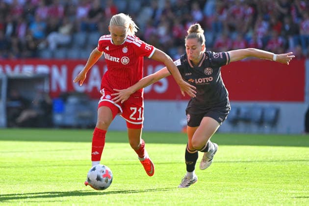 Pernile HARDER (FCB), Aktion,Zweikampf. Fussball Google Pixel Bundesliga der Frauen Saison 2026 2027, 2.Spieltag, Spieltag02 FC Bayern Muenchen Frauen - 1.FSV Mainz 05 am 31.08.2026 FC BAYERN CAMPUS *** Pernile HARDER FCB, Action, Tackle, Soccer, Google Pixel, Women s Bundesliga, 2026–2027 Season, Matchday 2, Matchday 02: FC Bayern Munich Women 1 vs. FSV Mainz 05 on August 31, 2026, FC BAYERN CAMPUS