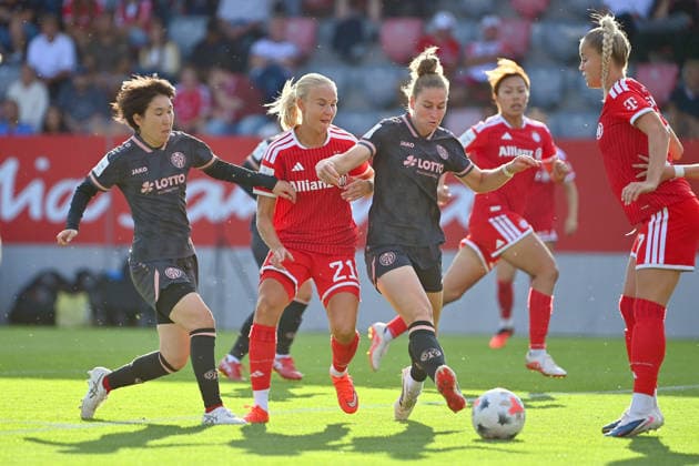 v.li:Yurina IMAI (MZ), Pernile HARDER (FCB),Lara MARTIN (MZ), Giulia GWINN (FCB), Aktion,Zweikampf. Fussball Google Pixel Bundesliga der Frauen Saison 2026 2027, 2.Spieltag, Spieltag02 FC Bayern Muenchen Frauen - 1.FSV Mainz 05 am 31.08.2026 FC BAYERN CAMPUS *** From left: Yurina IMAI (MZ), Pernile HARDER (FCB), Lara MARTIN (MZ), Giulia GWINN (FCB), action, tackle, soccer, Google Pixel, Women s Bundesliga, 2026–2027 season, Matchday 2, Matchday 02: FC Bayern Munich Women 1 vs. FSV Mainz 05 on August 31, 2026, FC BAYERN CAMPUS