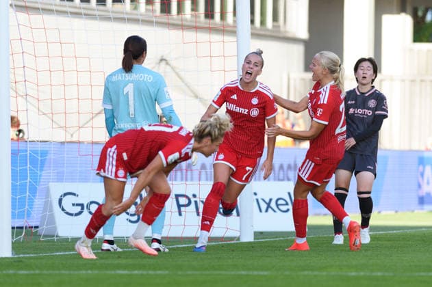 MUNICH, GERMANY - APRIL 06: Giulia Gwinn (7 FC Bayern Munich) celebrating her goal during the Google Pixel Frauen-Bundesliga match between FC Bayern Munich and Mainz 05 at FC Bayern Campus Munich, Germany. (Photo by Sven Beyrich Sports Press Photo)  Copyright: xSvenxBeyrich SPPx Sportspressphoto_SPR221503