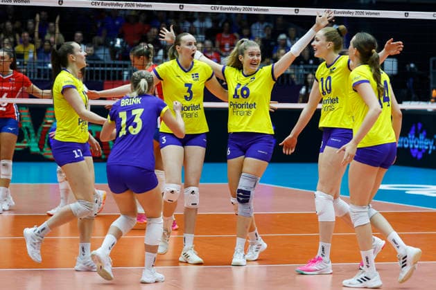 260831 Anna Haak, Linda Andersson, Vilma Julevik, Isabelle Haak and Hanna Hellvig of Sweden celebrates during the CEV EuroVolley 2026 round of 16 volleyball match between Czech Republic and Sweden on August 31, 2026 in Brno. Photo: Pavel Lebeda BILDBYRAN COP 18 XY0126 volleyboll volleyball womens euro volley championship round of 16 czechia - sweden bbeng jubel Copyright: PAVELxLEBEDA BB260831BB470