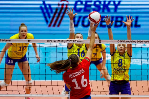 260831 Vilma Julevik and Elma Olofsson of Sweden during the CEV EuroVolley 2026 round of 16 volleyball match between Czech Republic and Sweden on August 31, 2026 in Brno. Photo: Pavel Lebeda BILDBYRAN COP 18 XY0126 volleyboll volleyball womens euro volley championship round of 16 czechia - sweden bbeng Copyright: PAVELxLEBEDA BB260831BB522