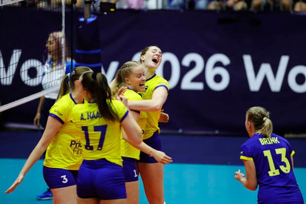 BRNO, TJECKIEN 20260831 Sverige jublar efter 2-0 under attondelsfinalen i damernas volleyboll-EM mellan Tjeckien och Sverige i Brno, Tjeckien. BRNO TJECKIEN x9200x