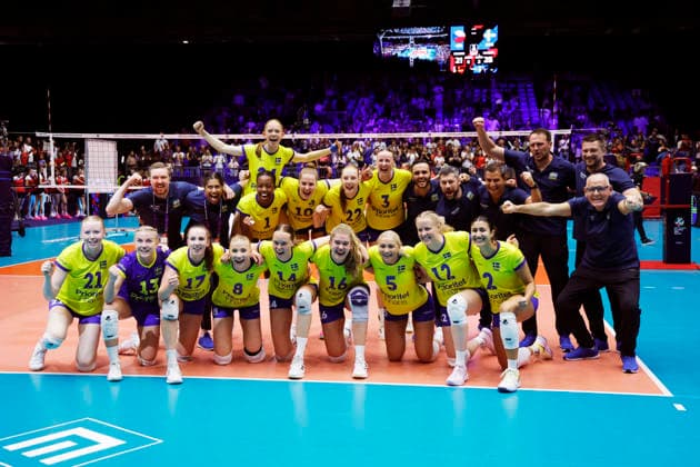 BRNO, CZECH REPUBLIC 20260831 Sweden celebrates after winning during the round of 16 match of the Women s Volleyball European Championship, EM, Europameisterschaft between the Czech Republic and Sweden in Brno, Czech Republic. BRNO CZECH REPUBLIC x9200x