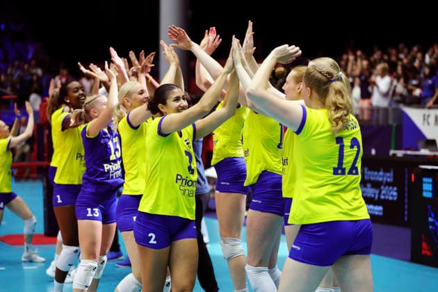 BRNO, CZECH REPUBLIC 20260831 Sweden celebrates after winning during the round of 16 match of the Women s Volleyball European Championship, EM, Europameisterschaft between the Czech Republic and Sweden in Brno, Czech Republic. BRNO CZECH REPUBLIC x9200x