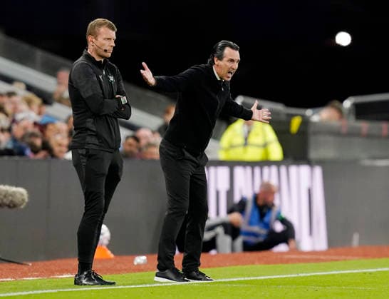 Birmingham, England, 31st August 2026. Unai Emery head coach of Aston Villa (r) during the Aston Villa vs Arsenal Premier League match at Villa Park, Birmingham. Picture credit should read: Andrew Yates Sportimage EDITORIAL USE ONLY. No use with unauthorised audio, video, data, fixture lists, club league logos or live services. Online in-match use limited to 120 images, no video emulation. No use in betting, games or single club league player publications. SPI_025_AY_Villa_Arsenal SPI-4946-0025