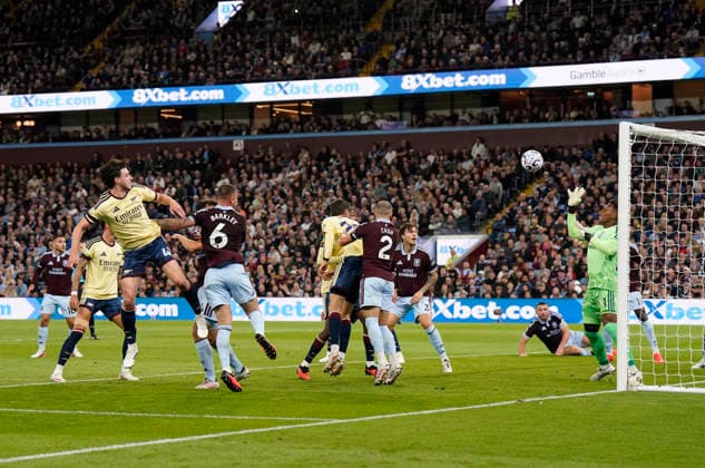 Birmingham, England, 31st August 2026. Zion Suzuki of Aston Villa saves a header from Declan Rice of Arsenal during the Aston Villa vs Arsenal Premier League match at Villa Park, Birmingham. Picture credit should read: Andrew Yates Sportimage EDITORIAL USE ONLY. No use with unauthorised audio, video, data, fixture lists, club league logos or live services. Online in-match use limited to 120 images, no video emulation. No use in betting, games or single club league player publications. SPI_027_AY_Villa_Arsenal SPI-4946-0027