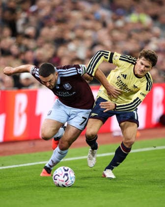 Aston Villa v Arsenal 31 August 2026, Aston - Premier League Football - Aston Villa v Arsenal - John McGinn of Aston Villa and Christos Tzolis of Arsenal - Photo: Charlotte Wilson Offside. Aston UK Copyright: xCharlottexWilsonx xOffsidexOffside