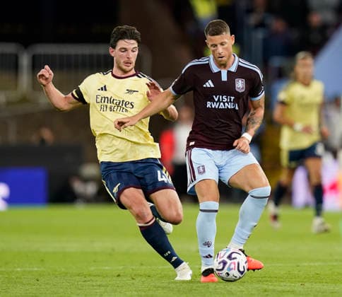 Birmingham, England, 31st August 2026. Declan Rice of Arsenal (l) and Ross Barkley of Aston Villa (r) during the Aston Villa vs Arsenal Premier League match at Villa Park, Birmingham. Picture credit should read: Andrew Yates Sportimage EDITORIAL USE ONLY. No use with unauthorised audio, video, data, fixture lists, club league logos or live services. Online in-match use limited to 120 images, no video emulation. No use in betting, games or single club league player publications. SPI_034_AY_Villa_Arsenal SPI-4946-0034
