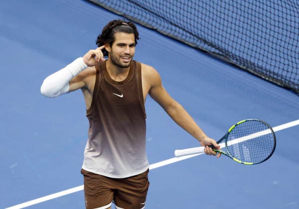 Carlos Alcaraz of Spain celebrates after winning a point in the 3rd set of his first round match against Roman.Safiullin in Arthur Ashe Stadium at the 2026 US Open Tennis Championship at the USTA Billie Jean King National Tennis Center in New York City on Monday, August 31, 2026. Alcaraz defeated Safiullin in straight sets.  NYP20260831101 JOHNxANGELILLO