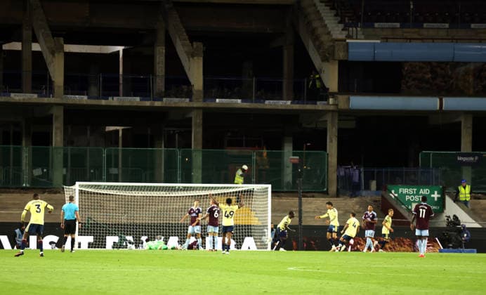 Bukayo Saka (A) scores the first Arsenal goal (0-1) in front of the redeveloping North Stand at the Aston Villa v Arsenal EPL match, at Villa Park, Birmingham, UK on 31st August, 2026. 