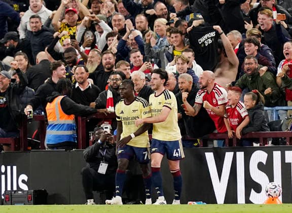 Birmingham, England, 31st August 2026. Bukayo Saka of Arsenal celebrates scoring the first goal during the Aston Villa vs Arsenal Premier League match at Villa Park, Birmingham. Picture credit should read: Andrew Yates Sportimage EDITORIAL USE ONLY. No use with unauthorised audio, video, data, fixture lists, club league logos or live services. Online in-match use limited to 120 images, no video emulation. No use in betting, games or single club league player publications. SPI_044_AY_Villa_Arsenal SPI-4946-0044
